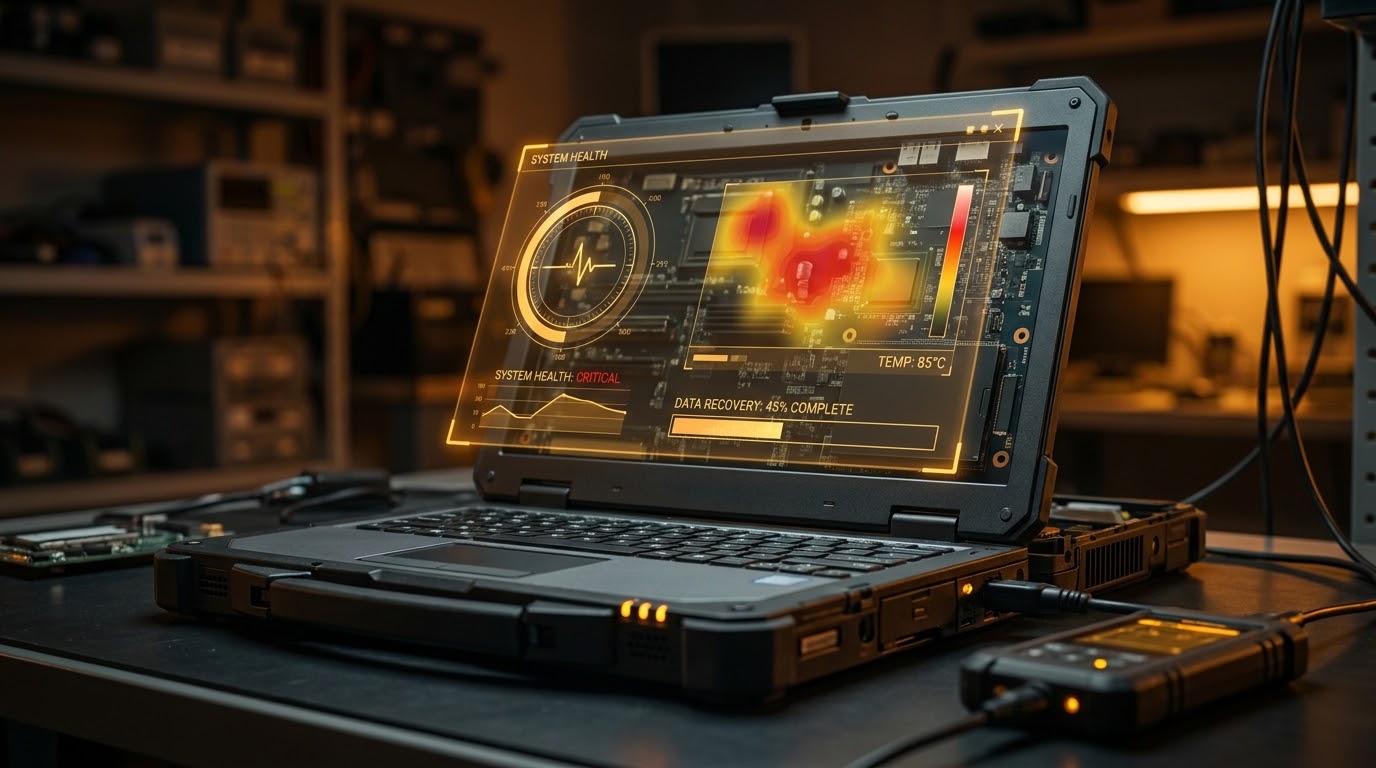 Notebook en banco de diagnóstico técnico de HexoriaLabs